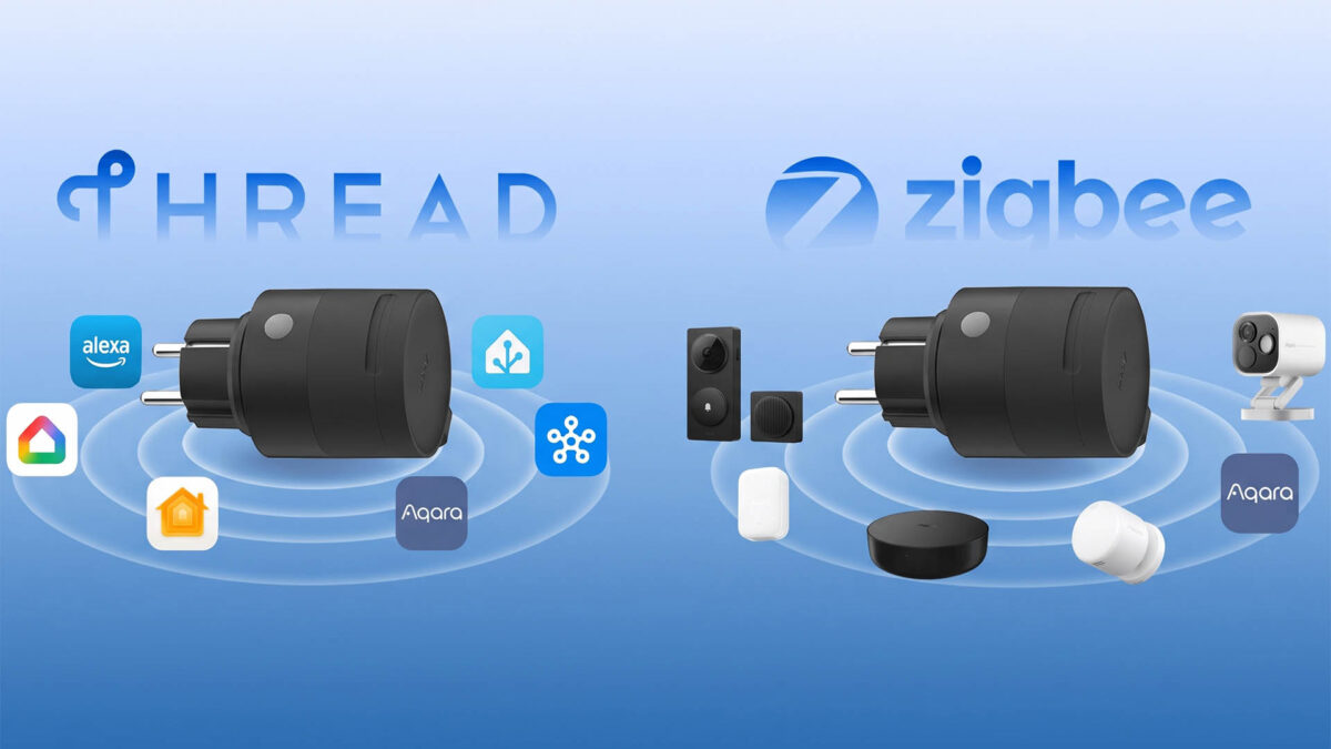 Aqara Outdoor Plug H2 EU shown with Thread and Zigbee compatibility icons.